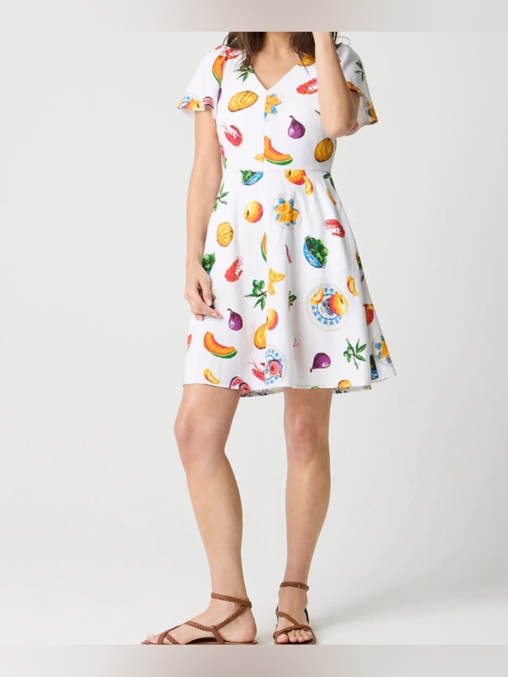 J.CREW Printed Linen-Blend Flutter-Sleeve Mini Dress Picnic Food $128 CK859 Sz S